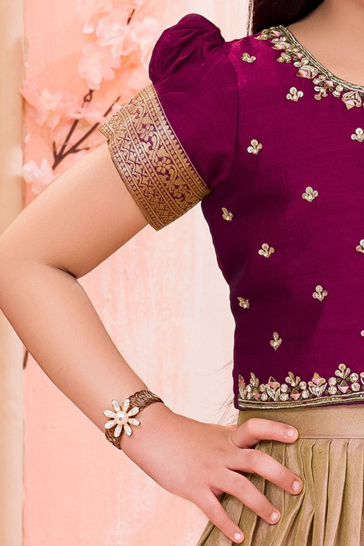 Maroon with Beige Sequins, Beads, Mirror and Zari work Lehenga Choli for Girls