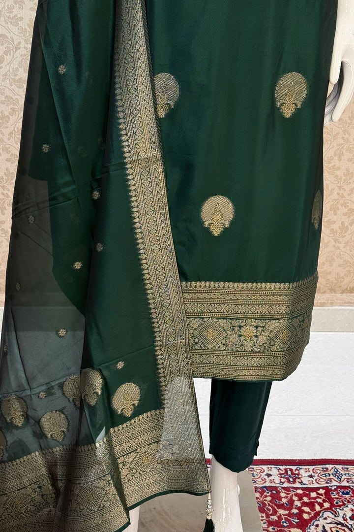 Bottle Green Banaras, Zardozi, Sequins, Beads and Zari work Straight Cut Salwar Suit