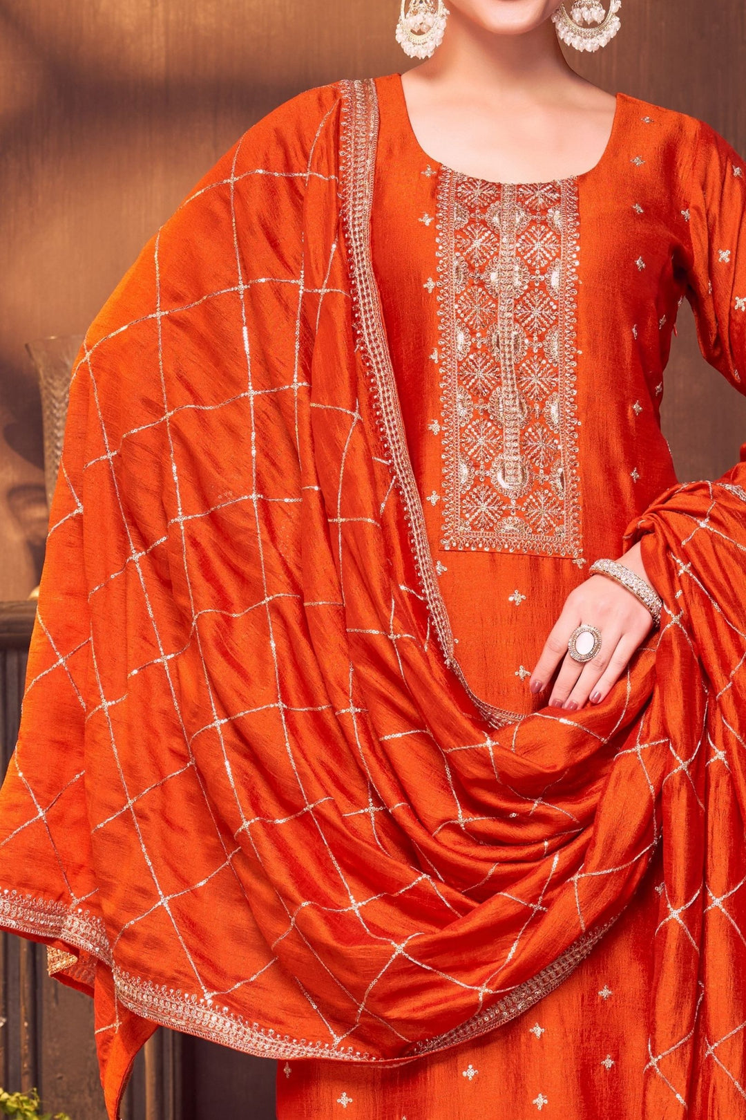 Orange Sequins, Zari and Beads work Straight Cut Salwar Suit