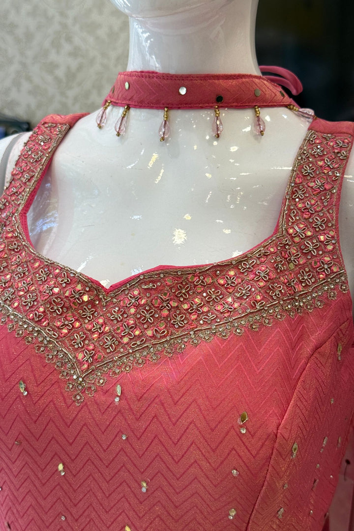 Lotus Pink Banaras, Stone, Mirror and Beads work Palazzo Suit Set