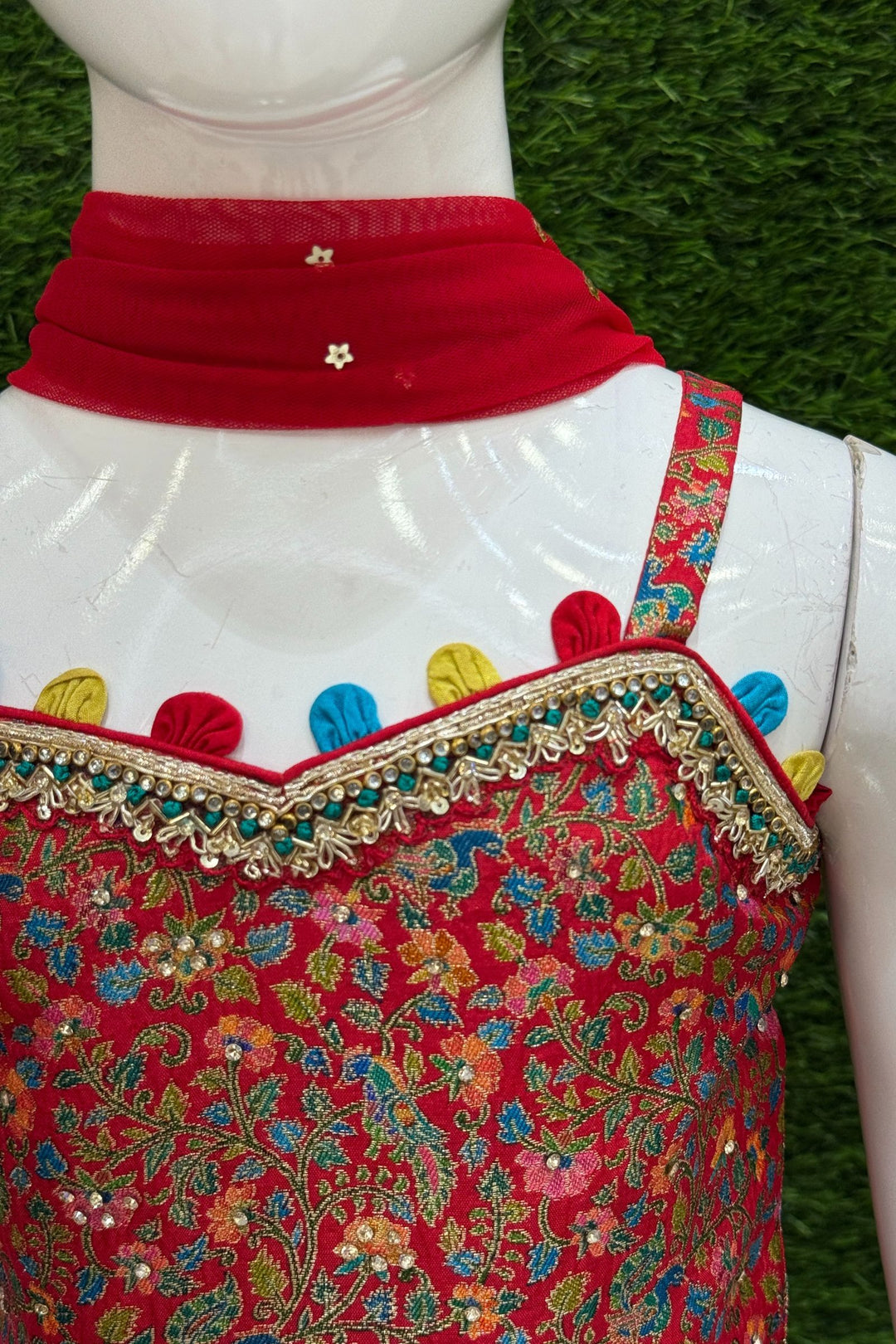 Red Zari, Stone and Zardozi work with Digital Print Palazzo Suit Set for Girls