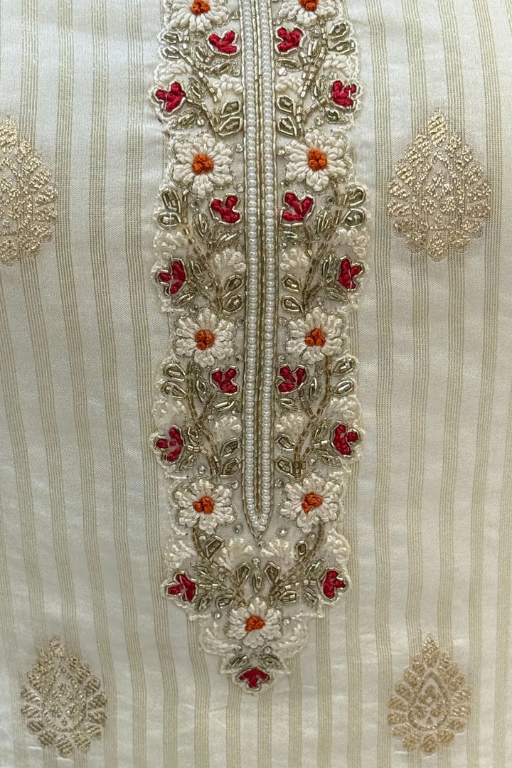 Cream Beads, Thread and Banaras work Straight Cut Salwar Suit with Bandini Print Dupatta