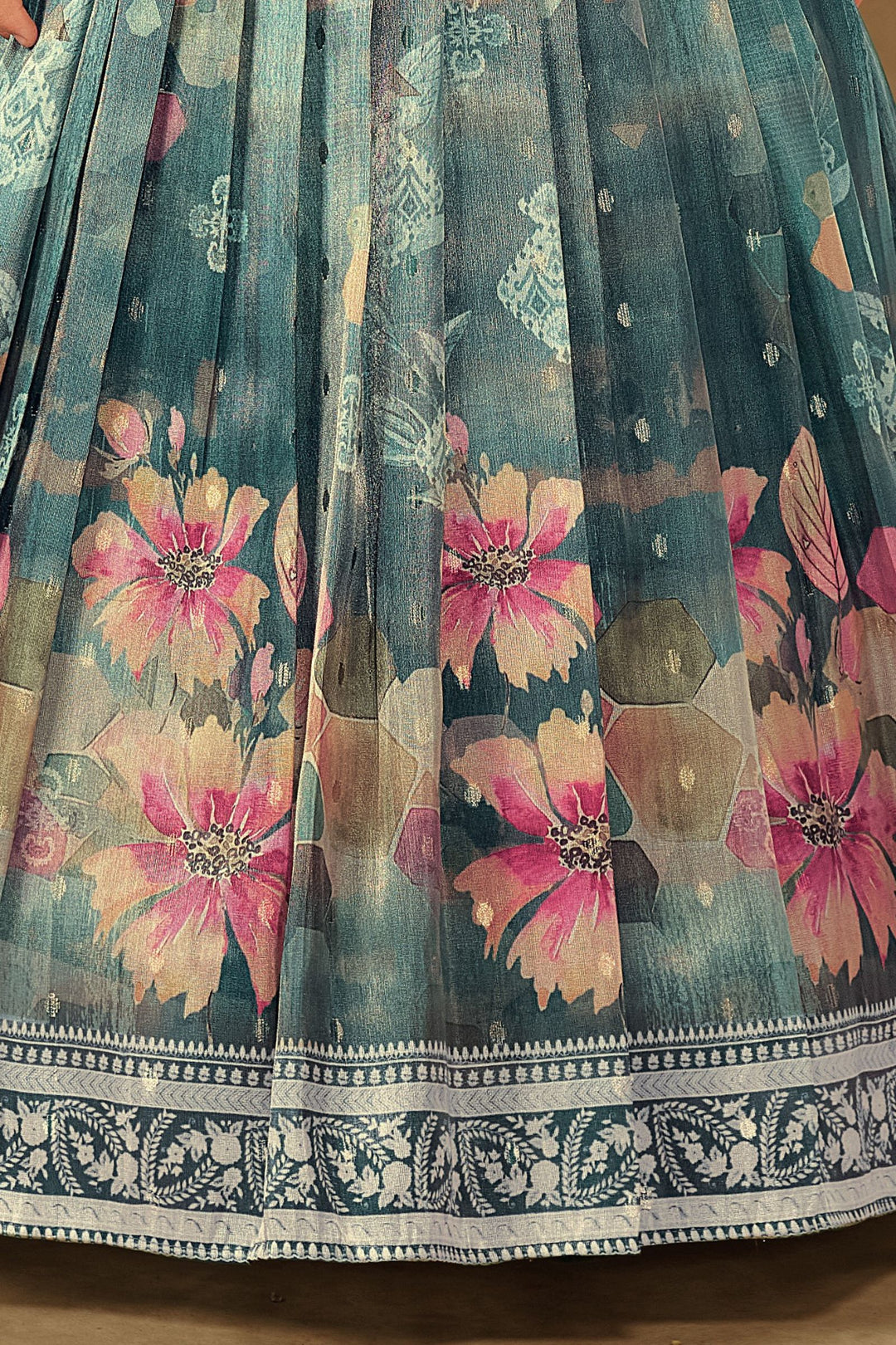 Peacock Green Multicolor Embroidery, Sequins and Zari work with Floral Print Lehenga Choli for Girls