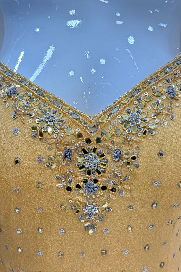 Golden Yellow with Grey Mirror, Sequins, Zari, beads and Banaras work Palazzo Salwar Suit