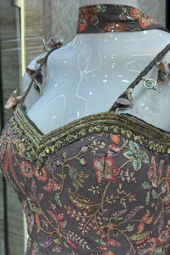 Grey Floral Print Peplum Top and Flared Palazzo Set with Zari and Beads work