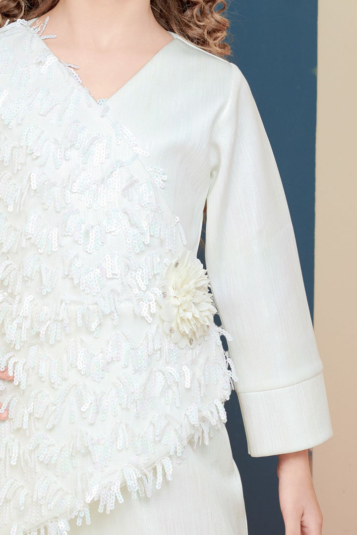 Half White Sequins work Partywear Short Frock for Girls