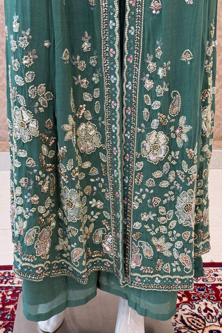 Sea Green Beads, Sequins and Thread work Long Top with Straight Pant