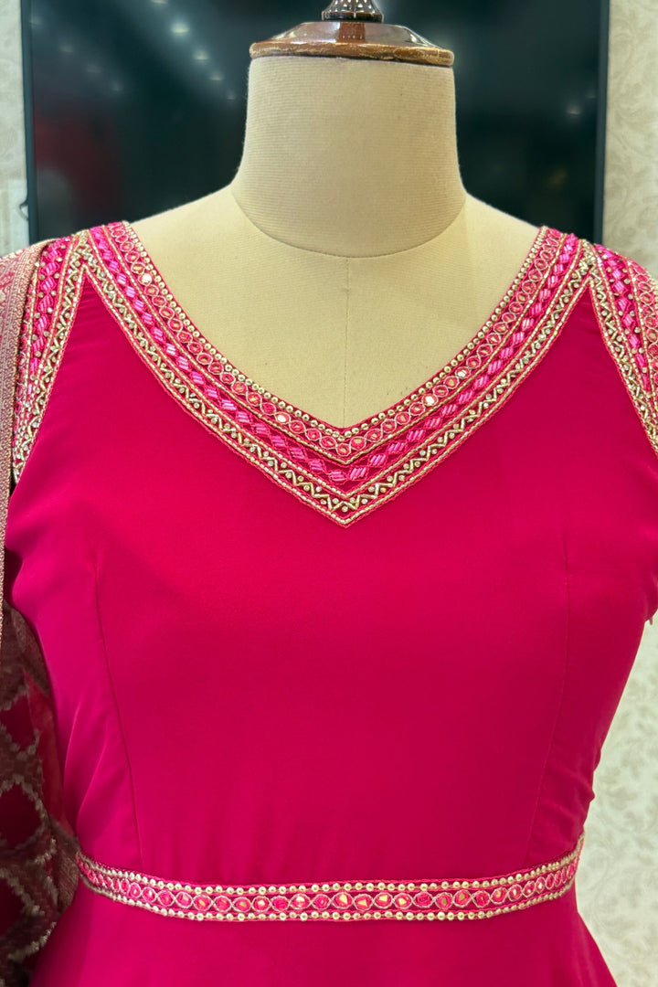 Rani Pink Beads and Sequins work Anarkali Gown with Traditional Banaras work Dupatta