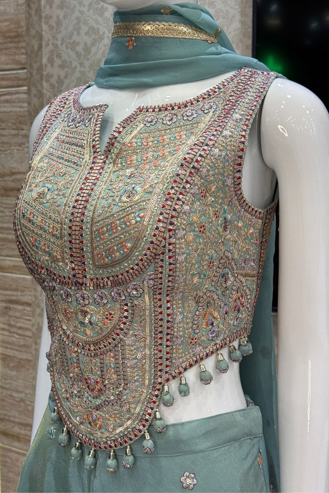 Sea Green Zari, Sequins and Multicolor Thread work Palazzo Suit Set