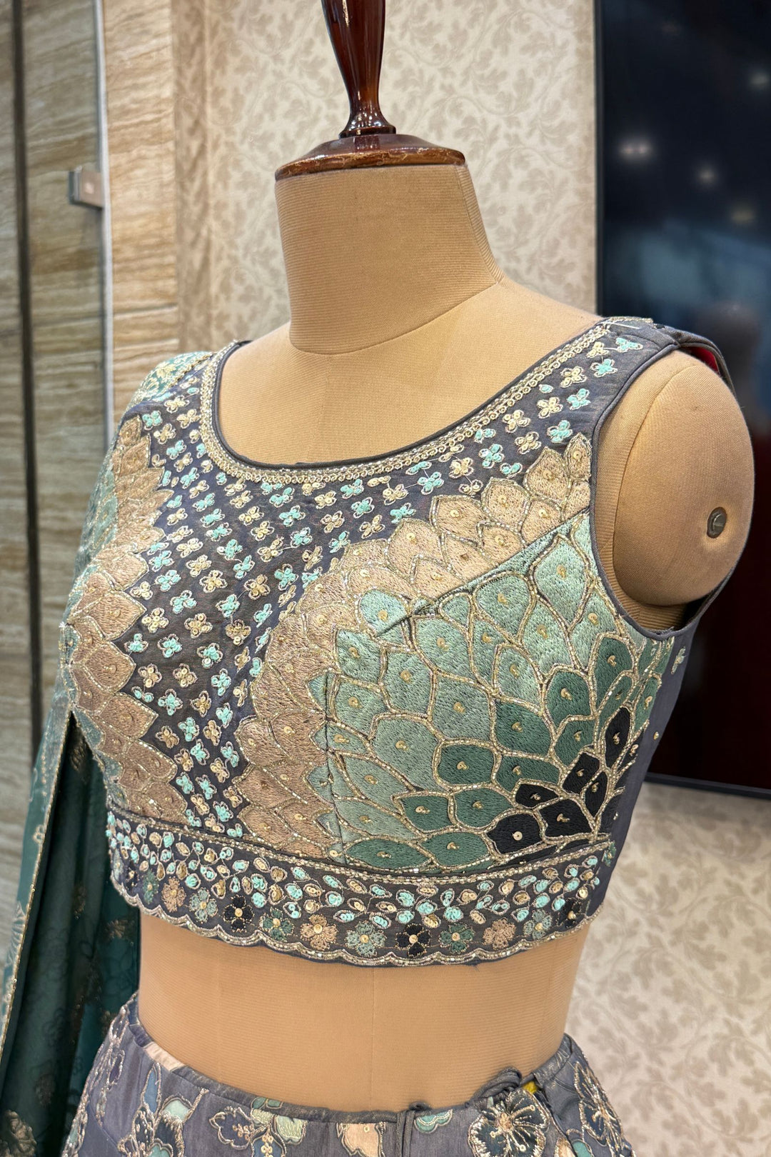 Grey Beads, Sequins, Zardozi and Multicolor Thread work with Digital Print Crop Top Lehenga