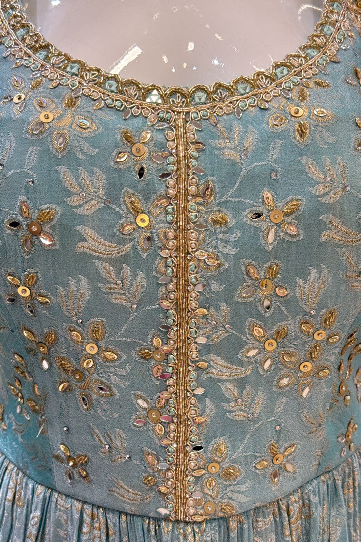 Sky Blue Banaras, Stone, Sequins, Beads and Zardozi work Peplum Top with Palazzo Suit Set