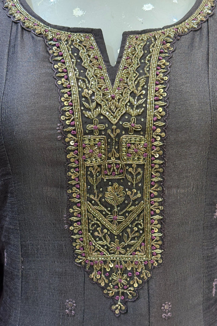 Grey Beads, Zardozi, Thread, Sequins, Stone and Zari work A-line Cut Salwar Suit