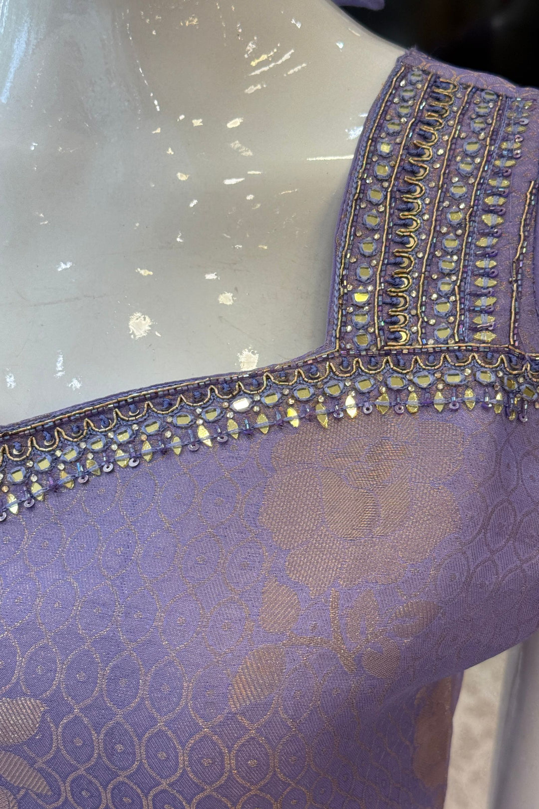 Lilac Banaras, Mirror, Zardozi, Beads, Stone and Sequins work Straight Cut Salwar Suit
