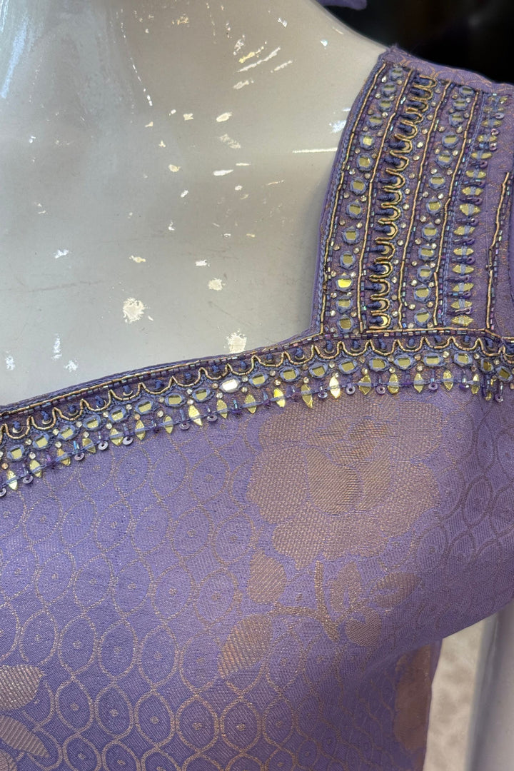 Lilac Banaras, Mirror, Zardozi, Beads, Stone and Sequins work Straight Cut Salwar Suit
