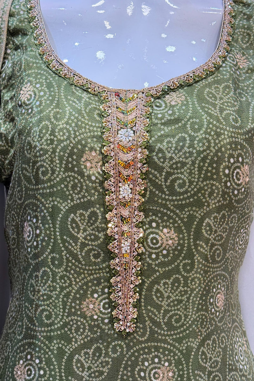 Mehendi Green Zari Weaving and Banaras work with Bandini Print Straight Cut Salwar Suit