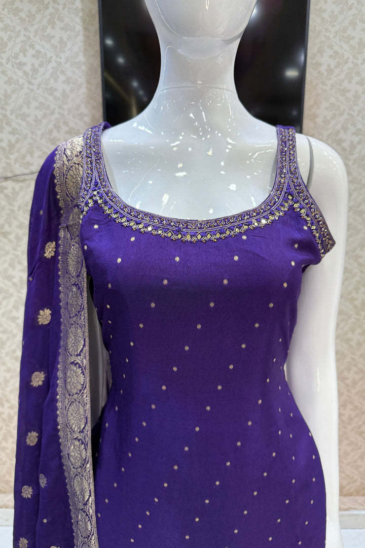 Purple Mirror, Stone, Zari and Banaras work Straight Cut Salwar Suit
