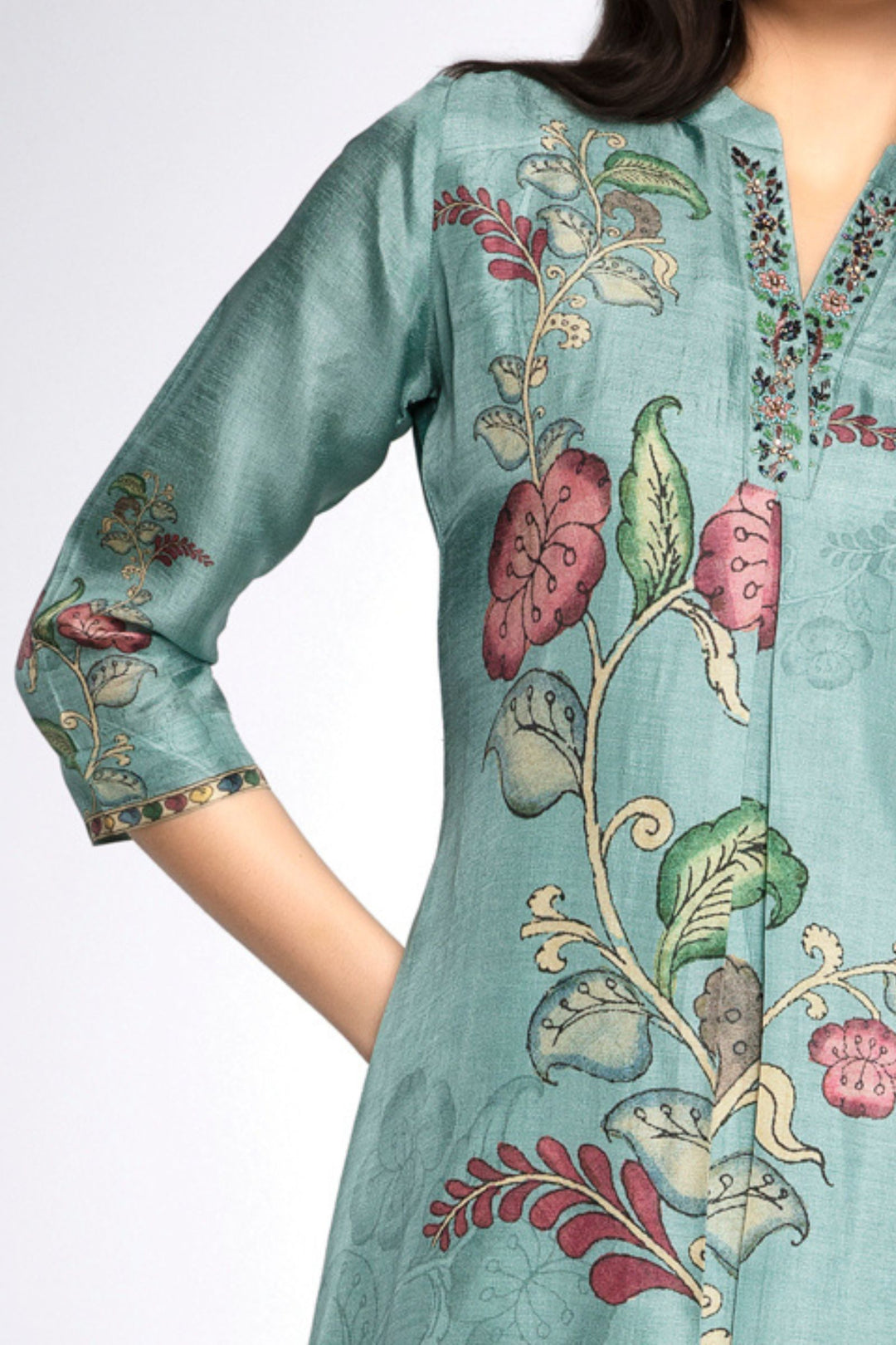 Sea Green Zardozi, Beads and Stone work with Floral Print A-line Cut Calf Length Kurti