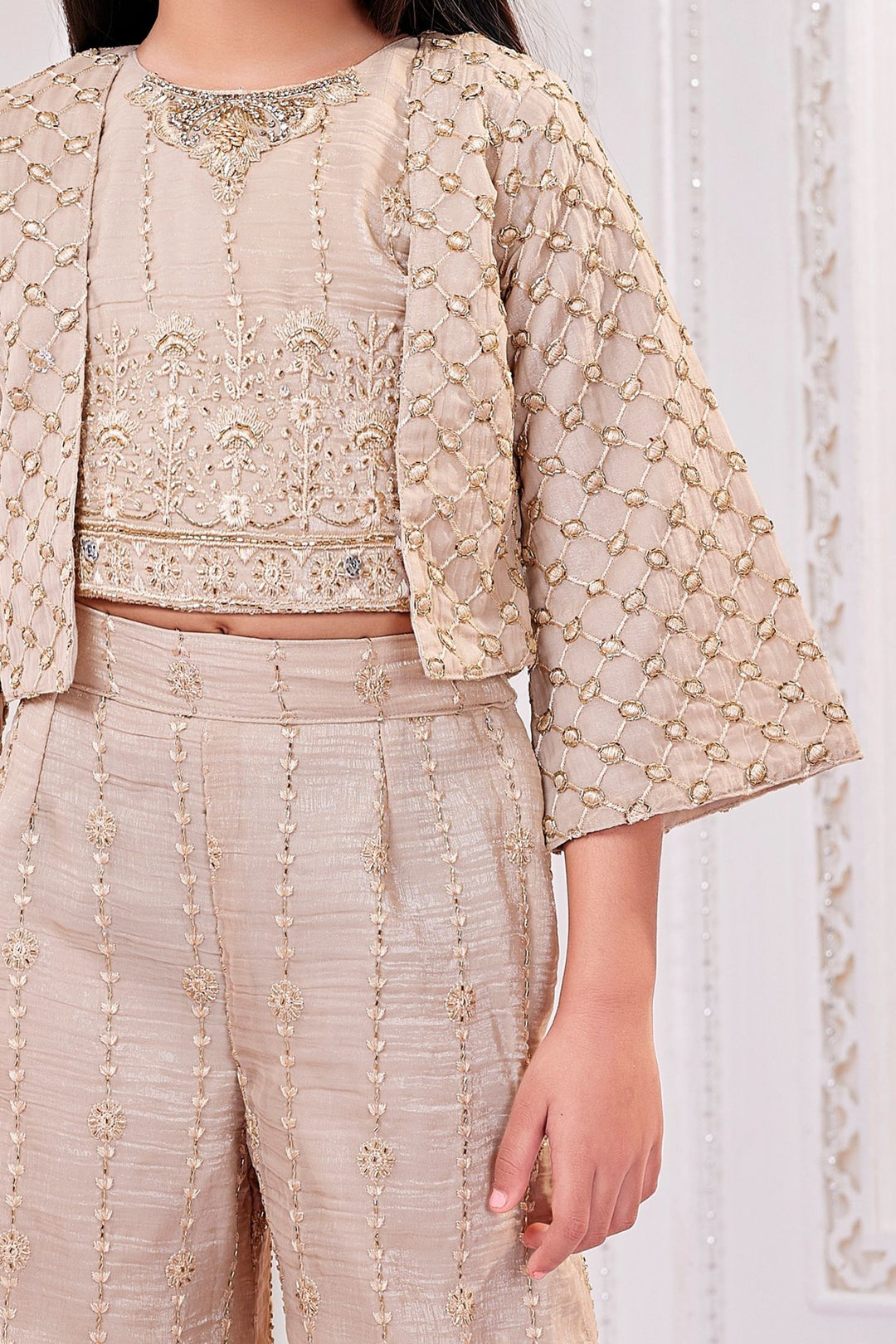 Beige Thread, Stone and Zardozi work Jacket Styled Palazzo Set For Girls