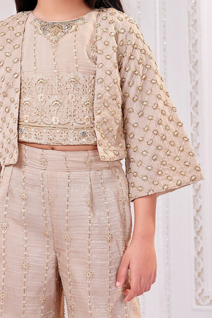 Beige Thread, Stone and Zardozi work Jacket Styled Palazzo Set For Girls