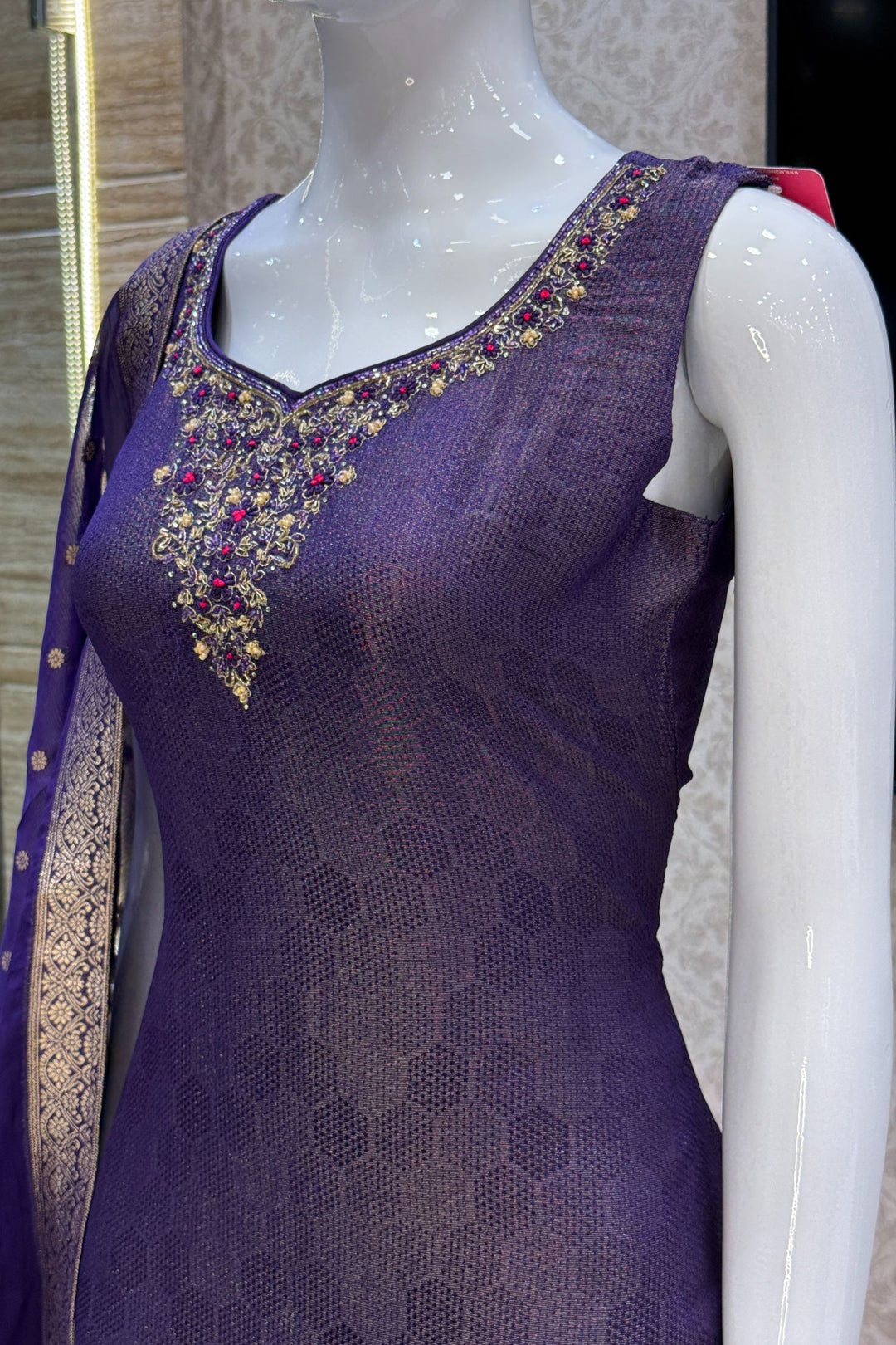 Purple Jacquard, Zari, Zardozi, Beads, Stone and Thread work Straight Cut Salwar Suit