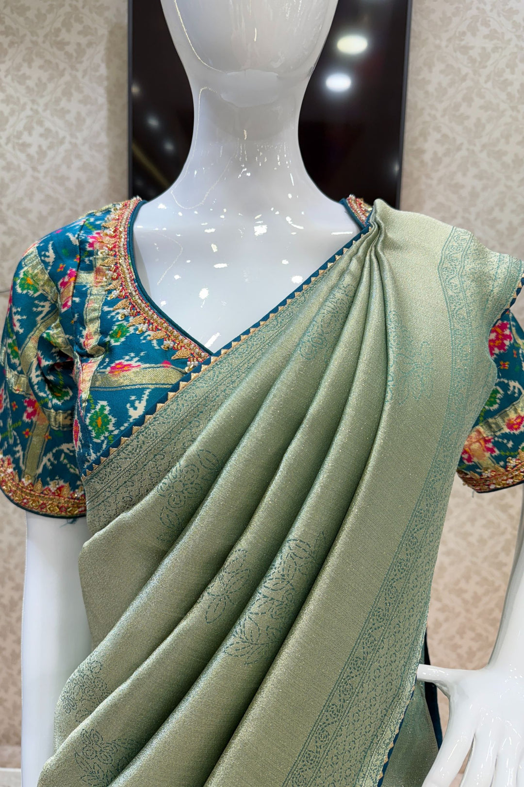 Sea Green Saree with Peacock Blue Beads, Zari and Sequins work with Pochampally Print Blouse