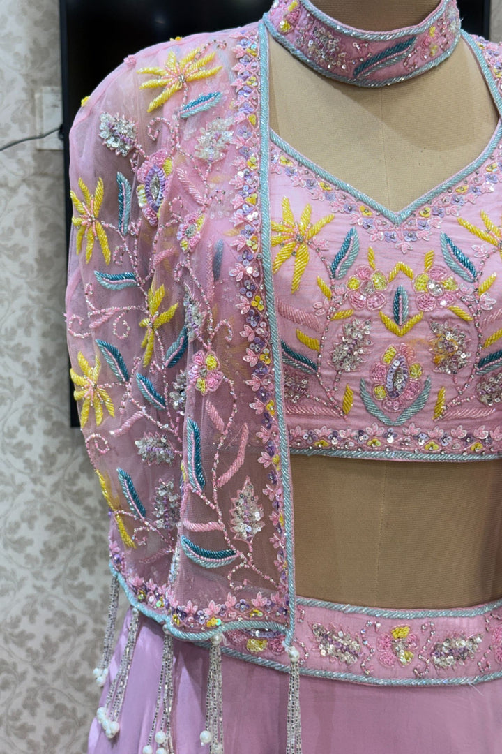 Light Pink Beads, Sequins and Stone work with Poncho Crop Top Lehenga