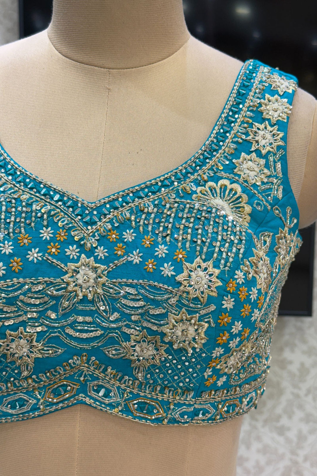Rama Blue Stone, Zardozi, Sequins and Mirror work with Bandini Print Crop Top Lehenga