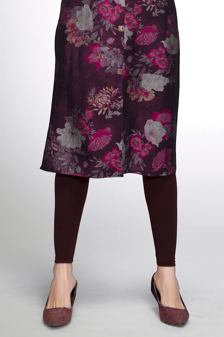 Wine Floral Print Calf Length Kurti