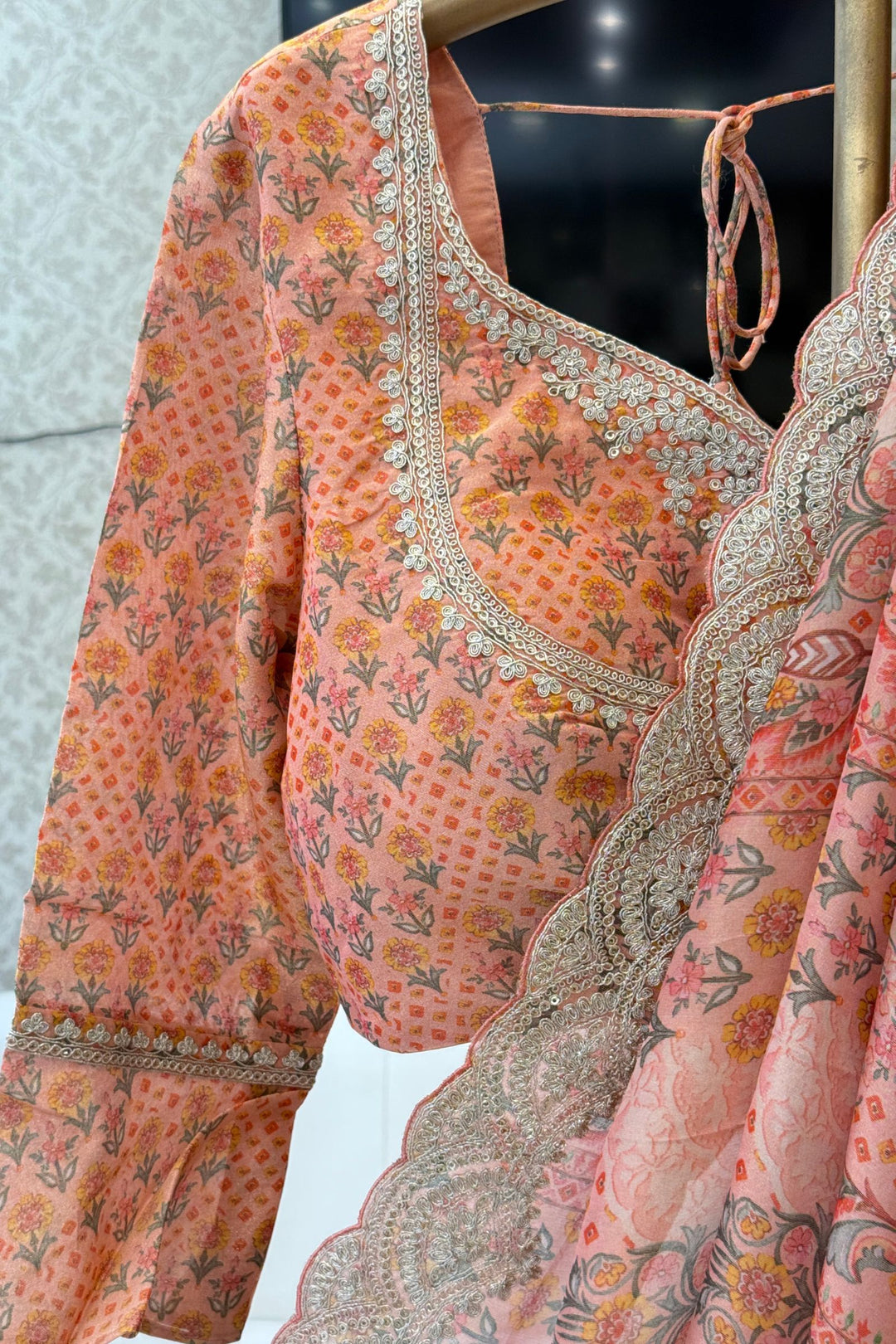 Peach Sequins and Zari work with Digital Print Saree