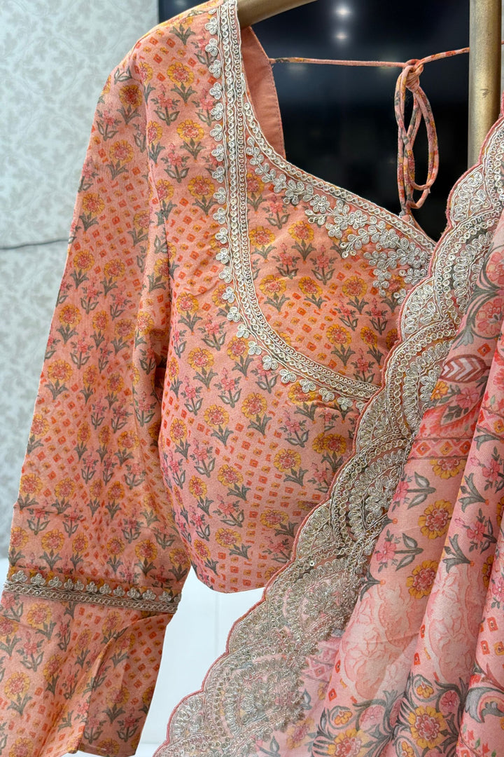 Peach Sequins and Zari work with Digital Print Saree