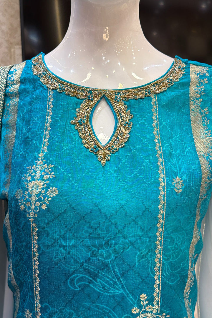 Rama Blue Banaras, Zardozi, Beads, Stone and Zari work Straight Cut Salwar Suit