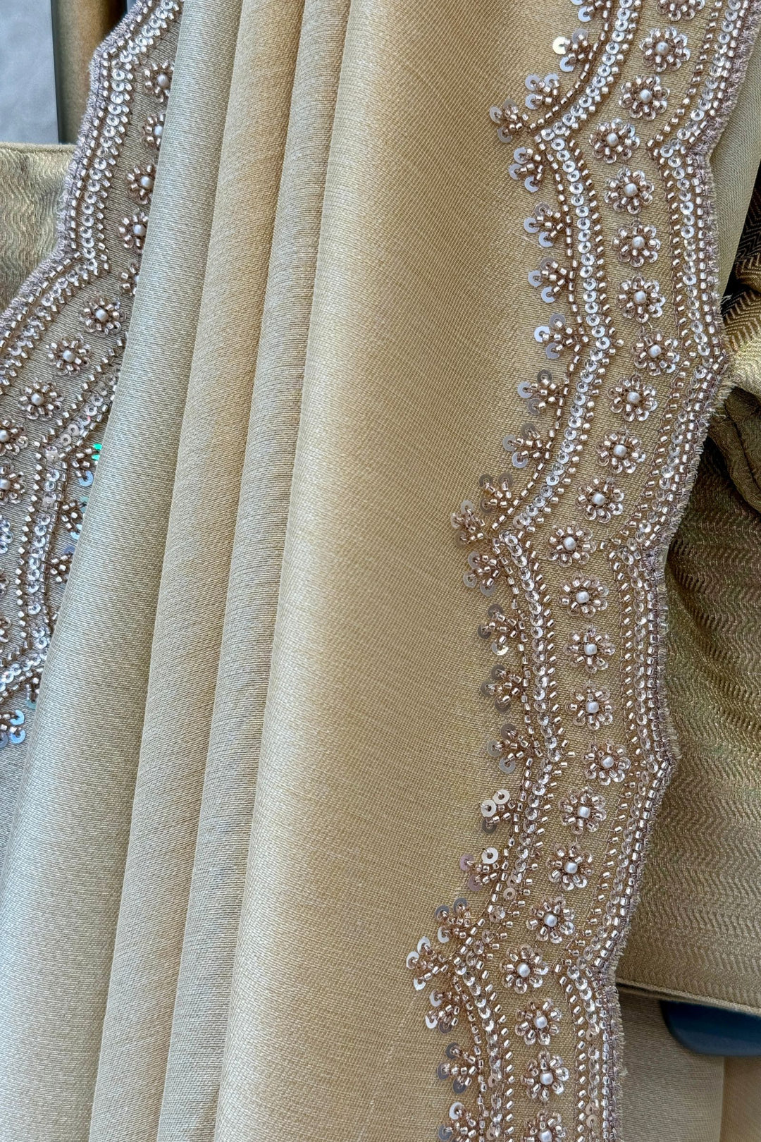 Chiku Saree with Pearl, Zari and Sequins work