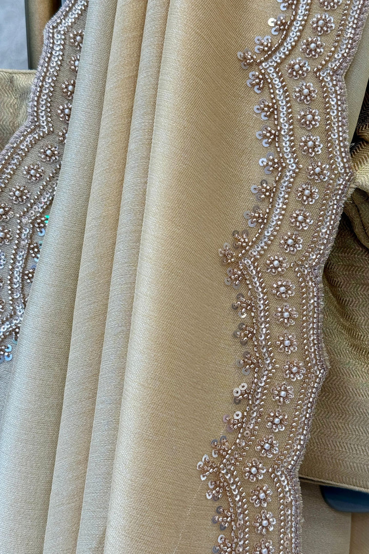 Chiku Saree with Pearl, Zari and Sequins work