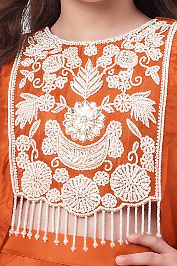 Orange Beads, Zari and Sequins work Kaftan Styled Palazzo Set For Girls