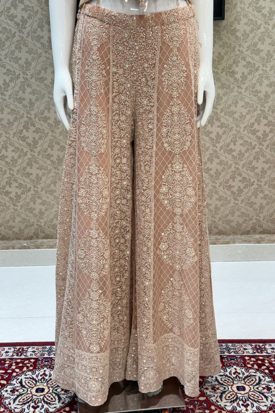 Peach Halter Neck Palazzo Set with Chikankari, Beads, Sequins, Mirror and Stone Detailing
