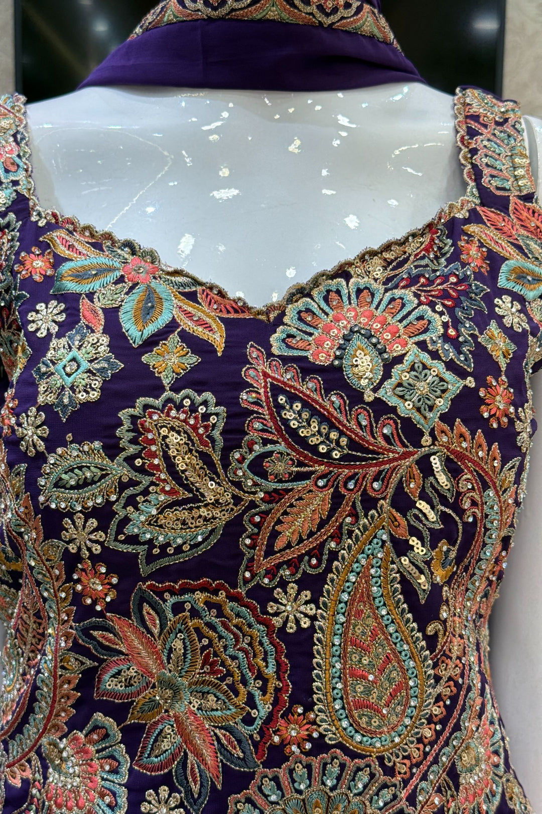 Purple Multicolor Embroidery, Sequins and Zari work Palazzo Salwar Suit