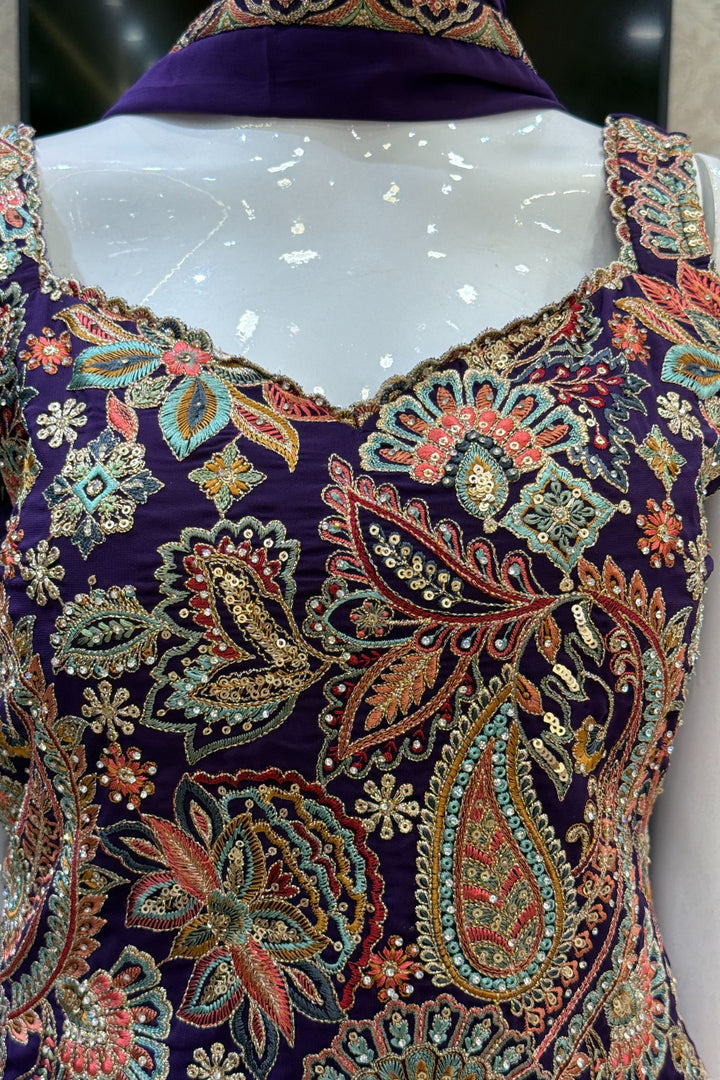 Purple Multicolor Embroidery, Sequins and Zari work Palazzo Salwar Suit