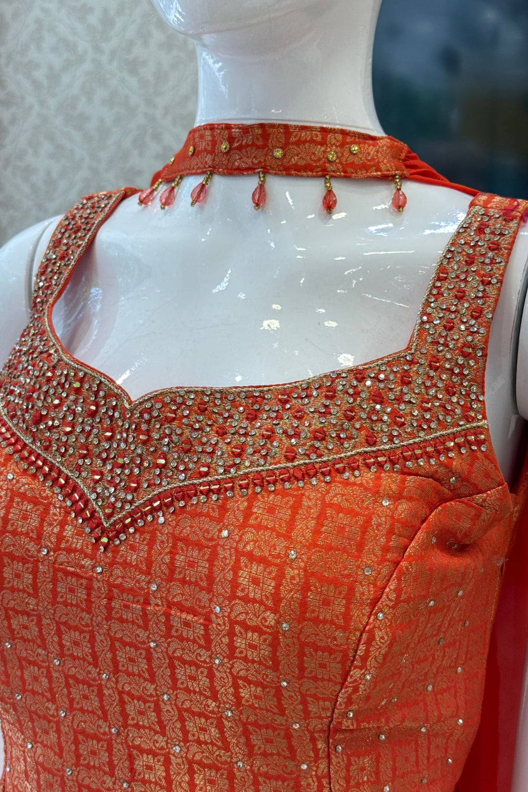 Orange Banaras, Stone, Mirror and Beads work Palazzo Suit Set