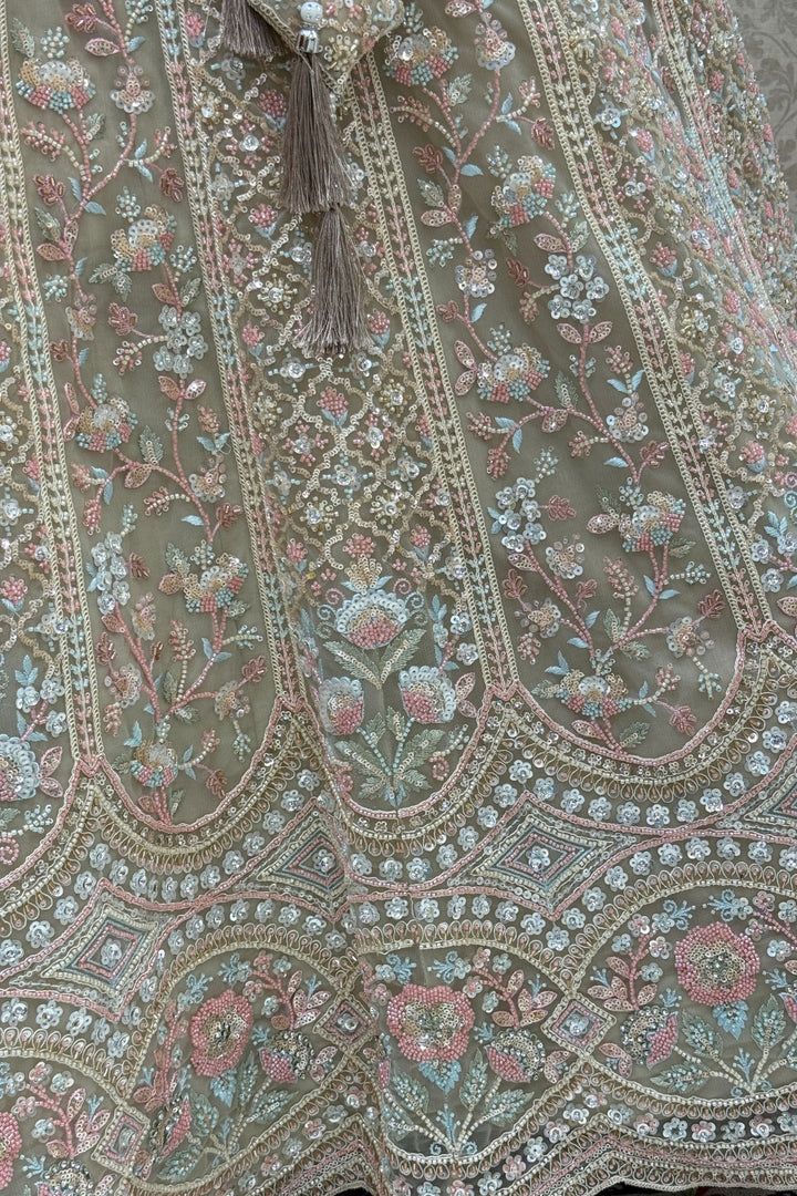 Beige Sequins, Beads and Zari Thread work Crop Top Designer Bridal Lehenga