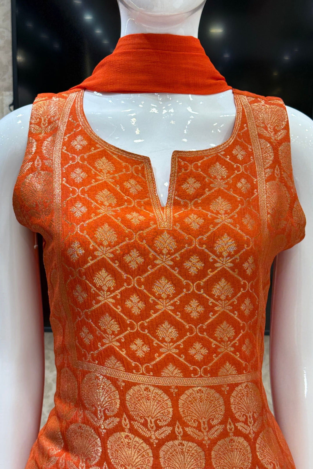 Orange Banaras work Straight Cut Salwar Suit