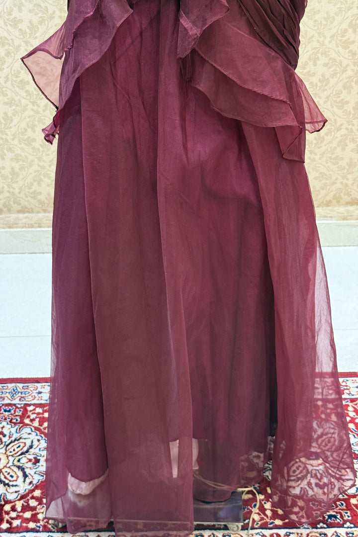 Wine Readymade Saree with Beads, Thread and Stone work Readymade Blouse