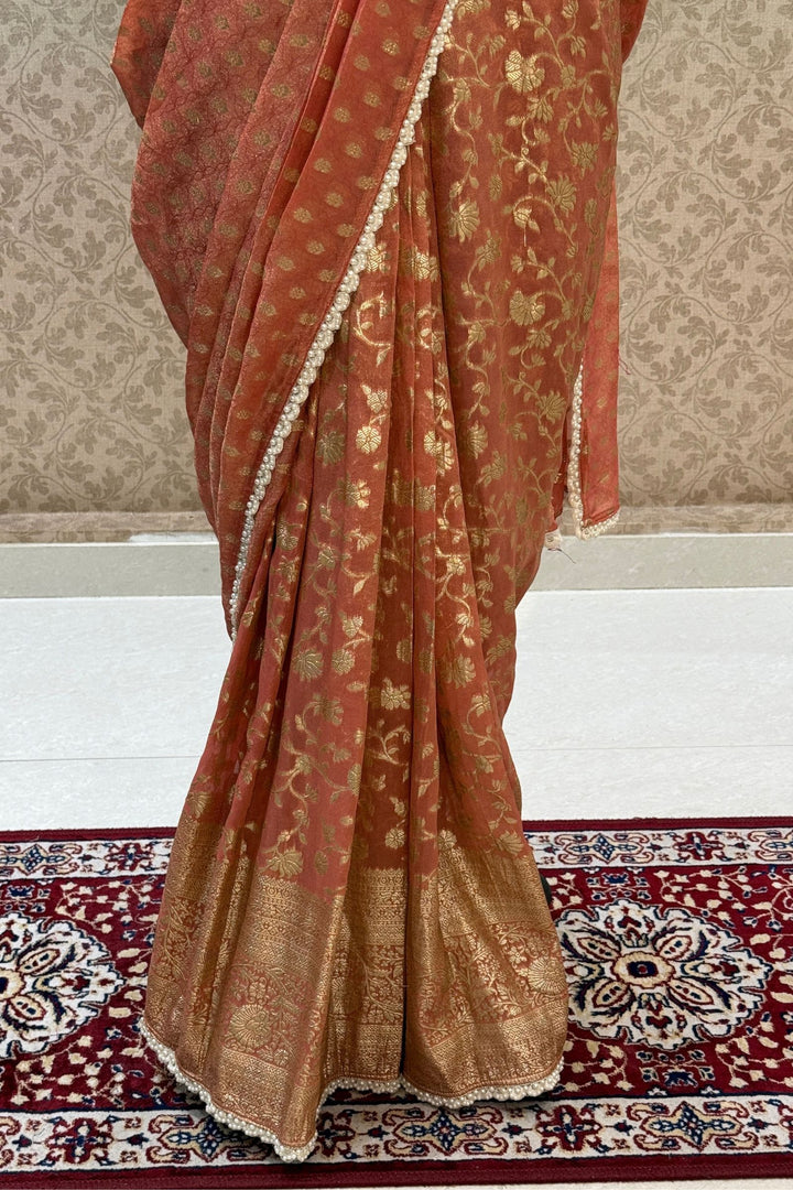 Rust Orange Readymade Banaras work Saree with Mirror work Readymade Blouse