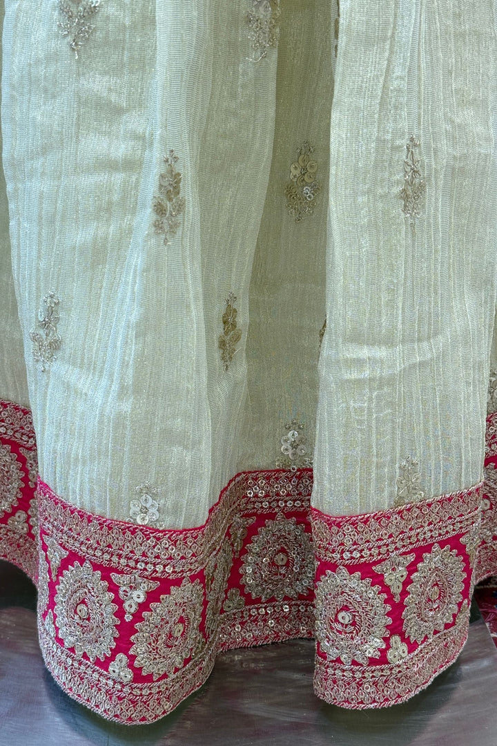 Rani Pink with Cream Sequins, Beads and Zari work Lehenga Choli for Girls