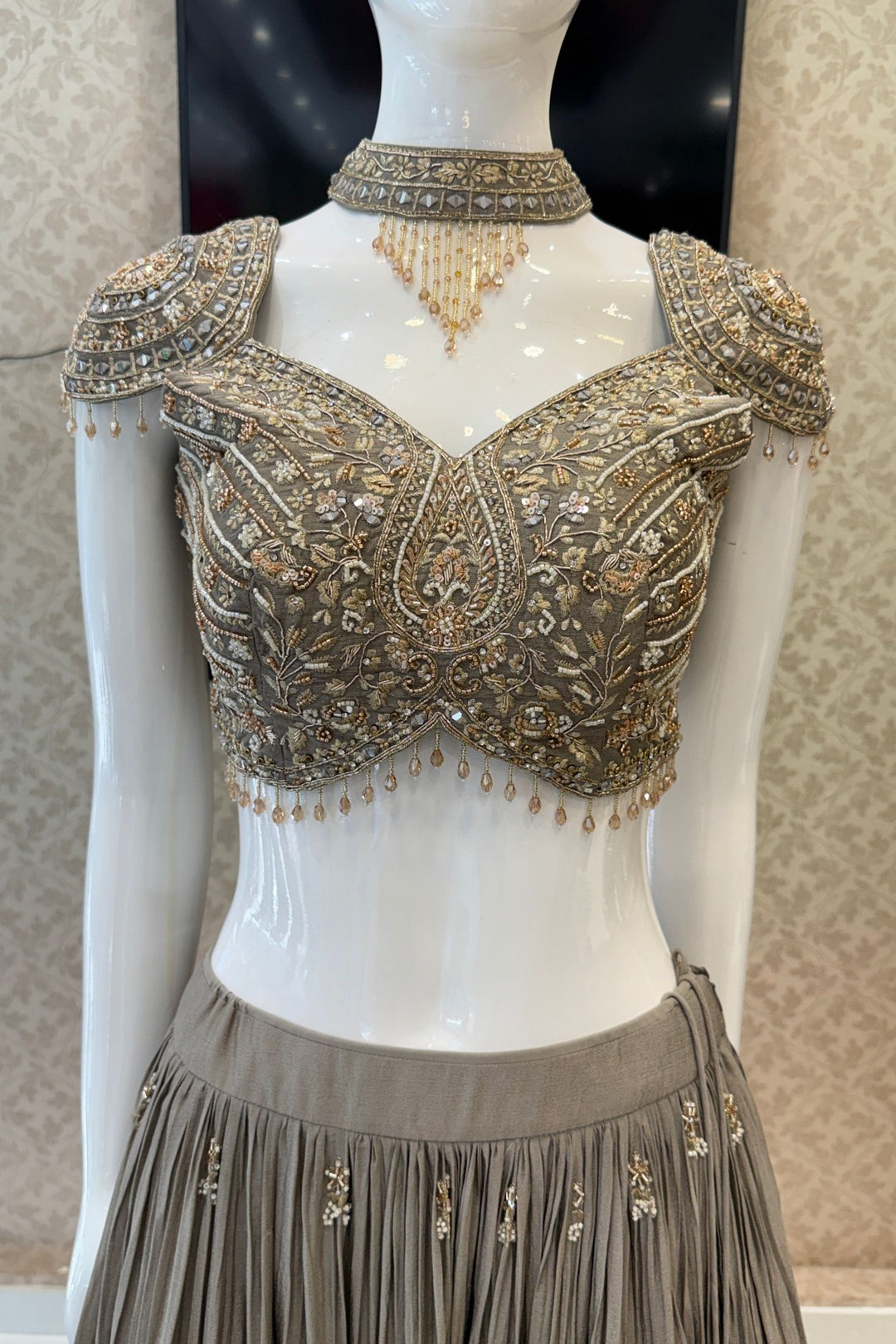 Designer Grey Lehenga with Intricate Beads, Zardozi, Mirror, Kundan and Sequins work