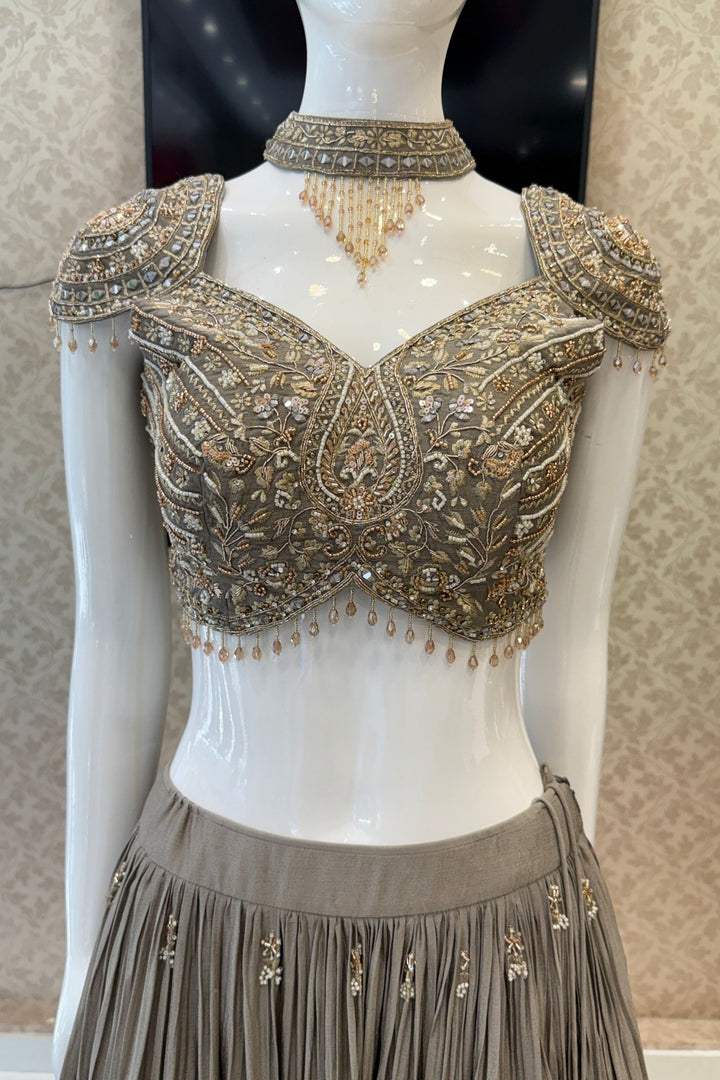 Designer Grey Lehenga with Intricate Beads, Zardozi, Mirror, Kundan and Sequins work