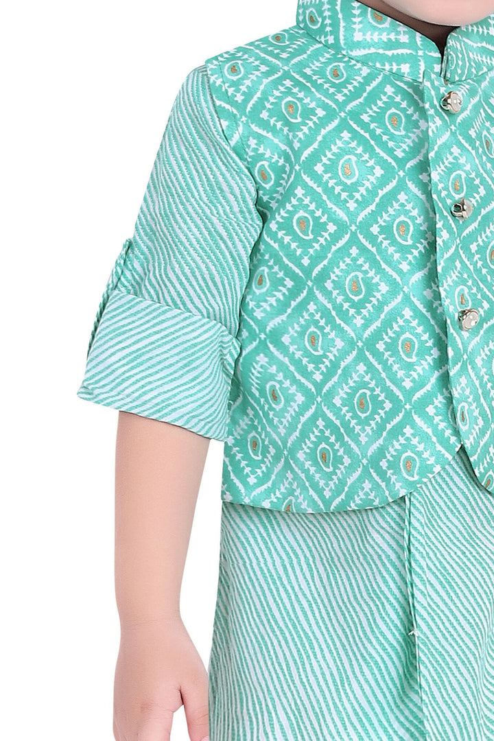 Sea Green with White Digital Print Waist Coat Kurta Set for Boys