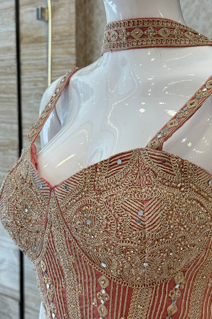 Peach Zari Thread, Mirror and Stone work Palazzo Set with Corset Top