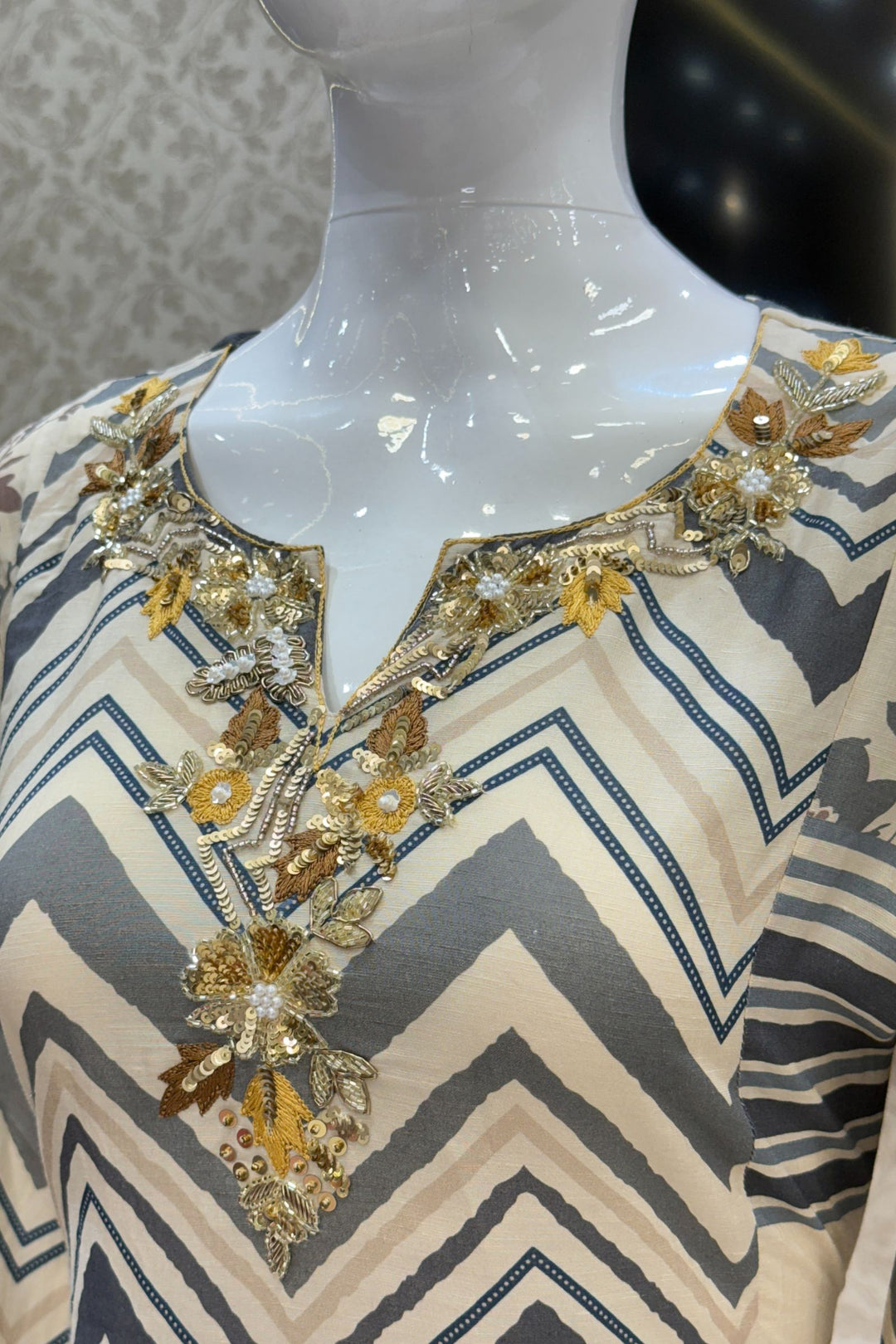 Cream Sequins, Beads and Zardozi work with Zig Zag Stripes Straight Cut Salwar Suit