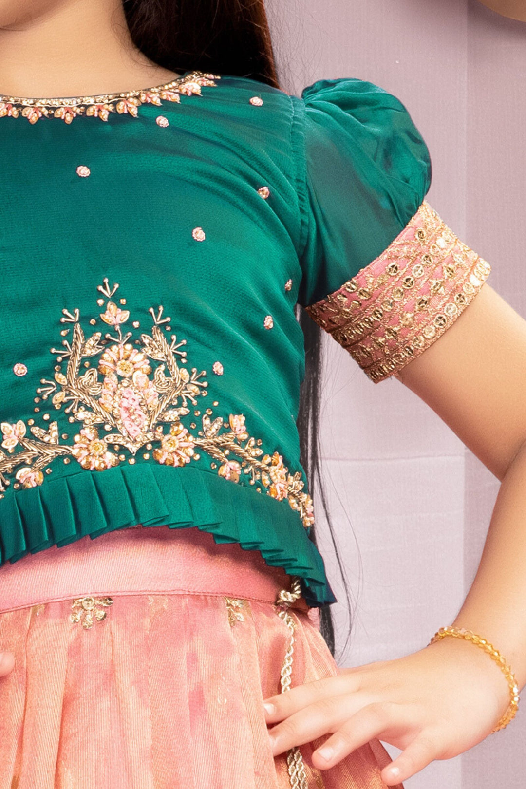 Green with Peach Stone, Zardozi, Sequins and Zari Weaving work Lehenga Choli for Girls