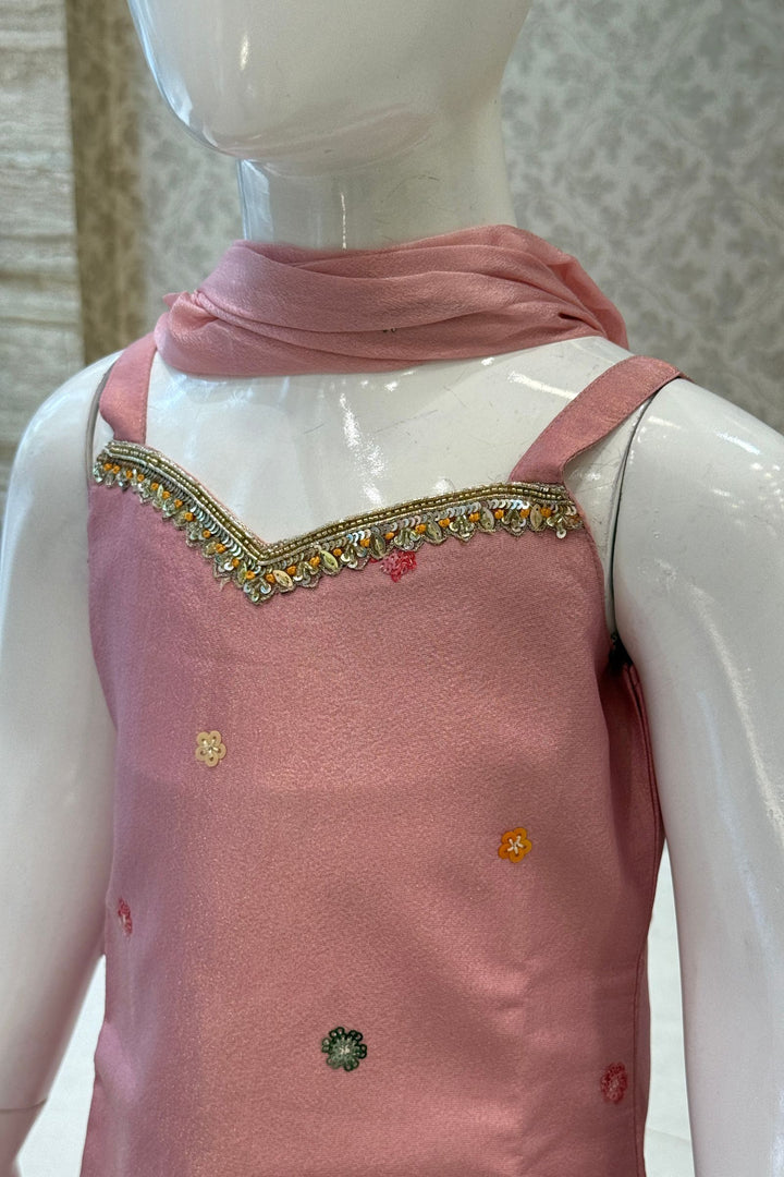 Onion Pink Sequins and Beads work Sharara Suit Set for Girls